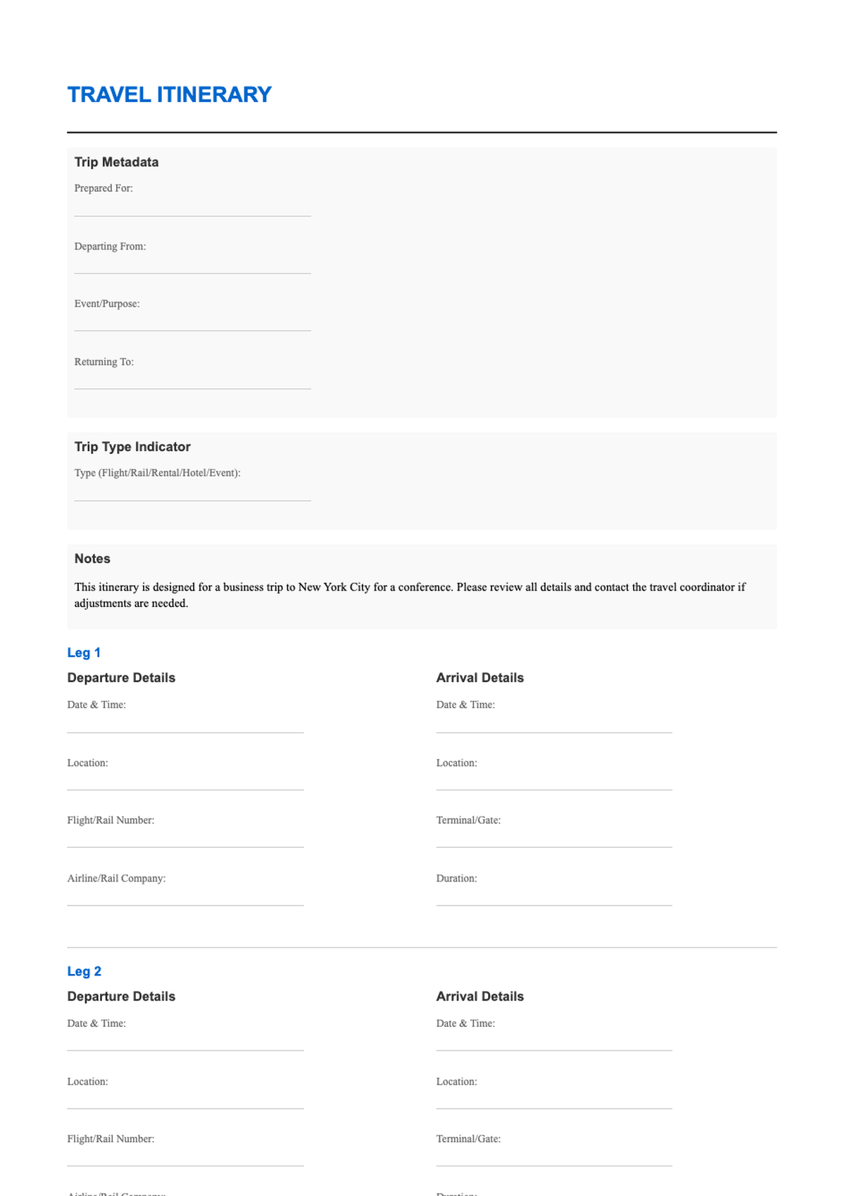 Free printable travel itinerary template with flight and hotel details sections_variant_1